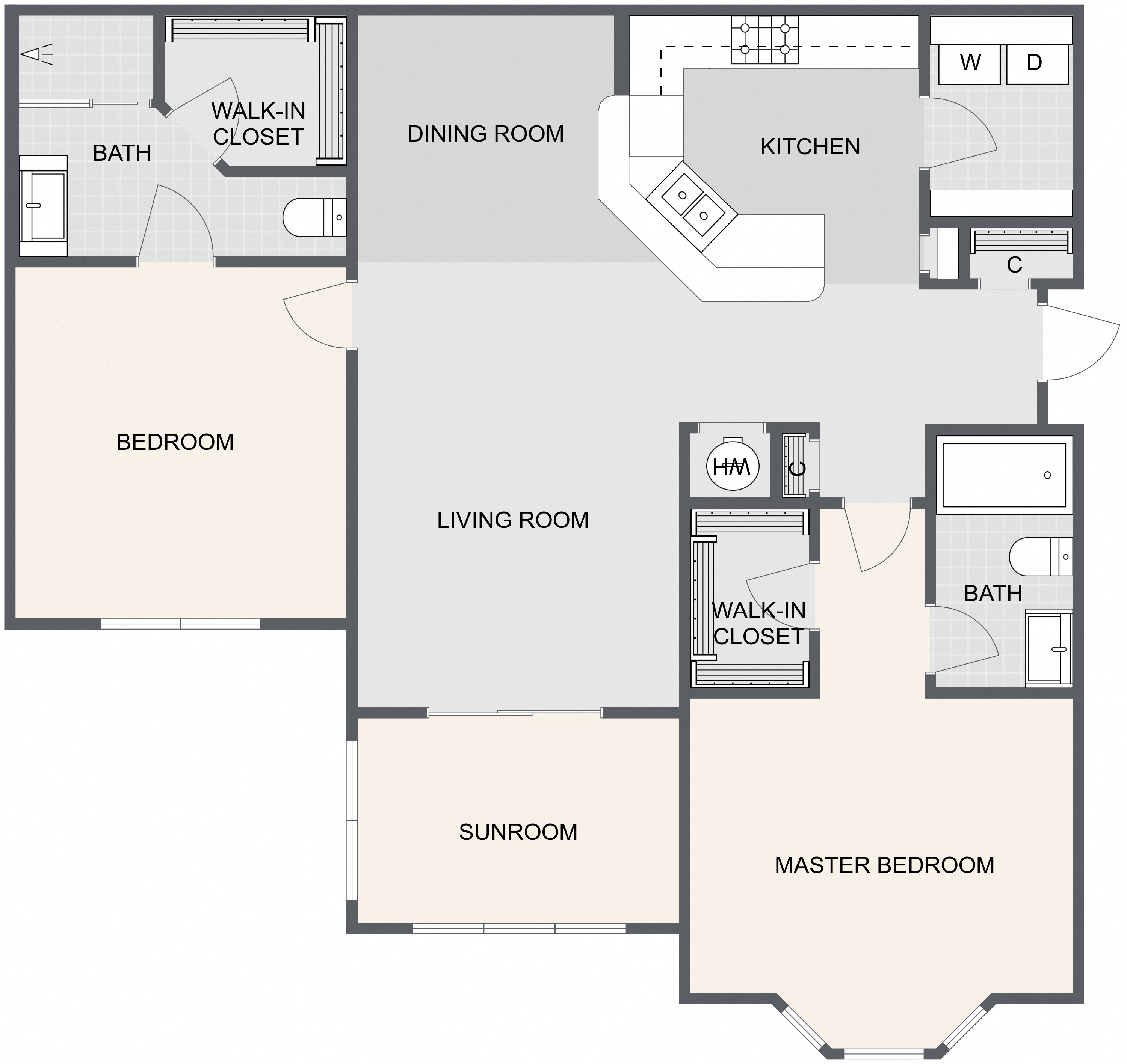Floor plan for 2 beds, 2 baths, 1265 sqft